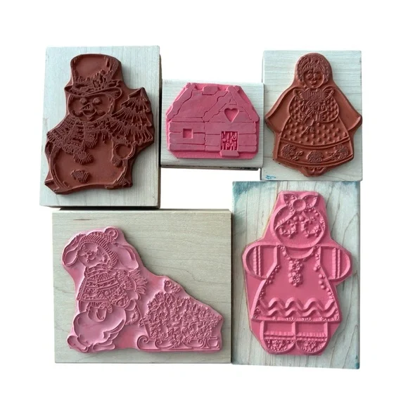 Lot of 5 Vintage Christmas Wood Mount Rubber Stamps Jumbo 1990s Bundle of 5 - Picture 7 of 10